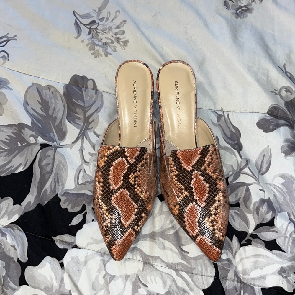 Adrienne Vittadini snakeskin pointed toe mules